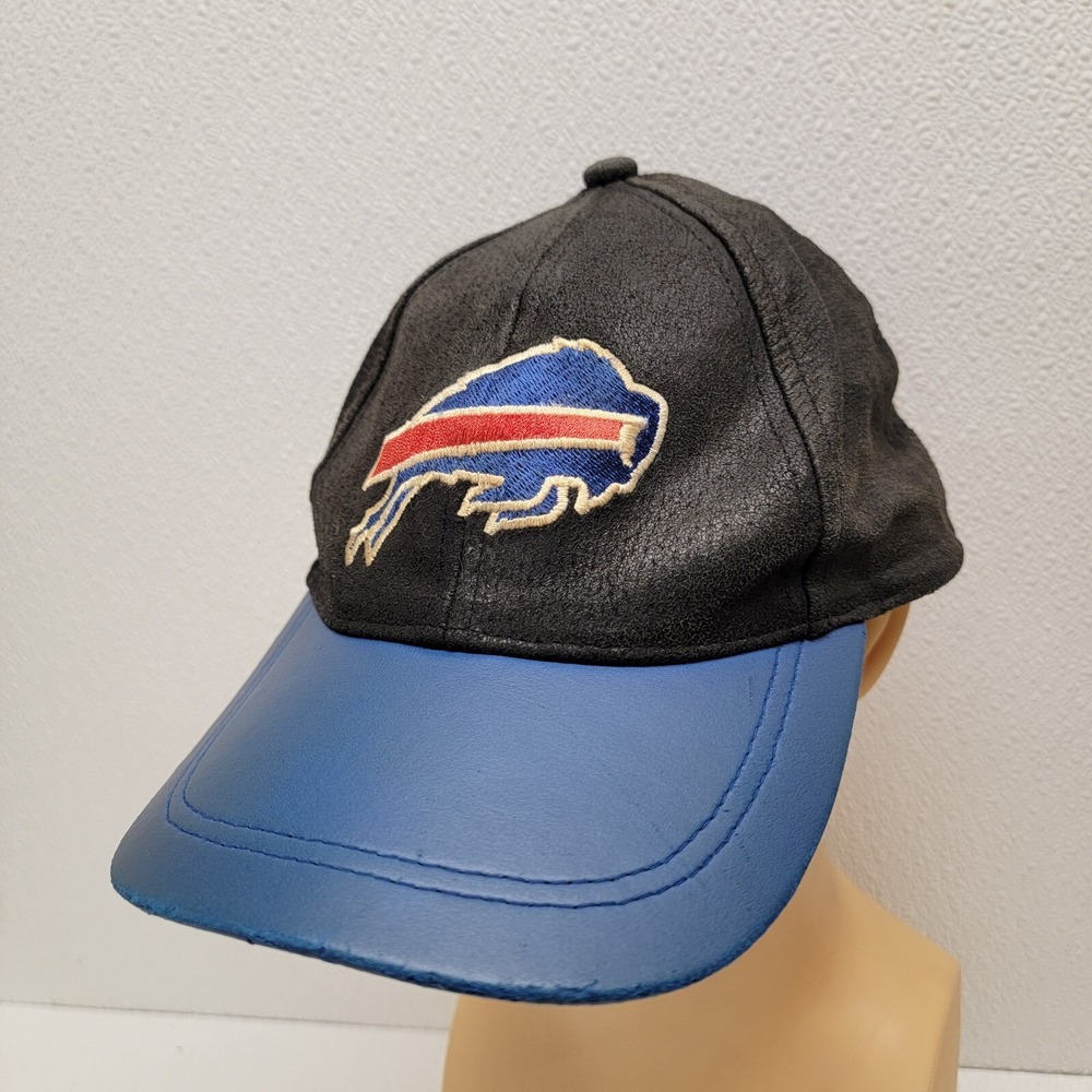 Vintage Buffalo Bills Black Blue Leather Strapback Hat Game Day Drew Pearson NFL